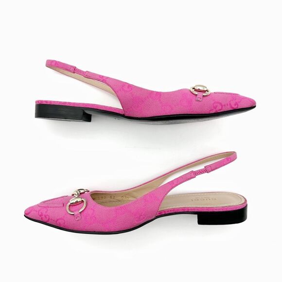 GUCCI Erin Horsebit Pointed Toe Slingback Flat Size 37 Pink GG Guccissima - Picture 9 of 13